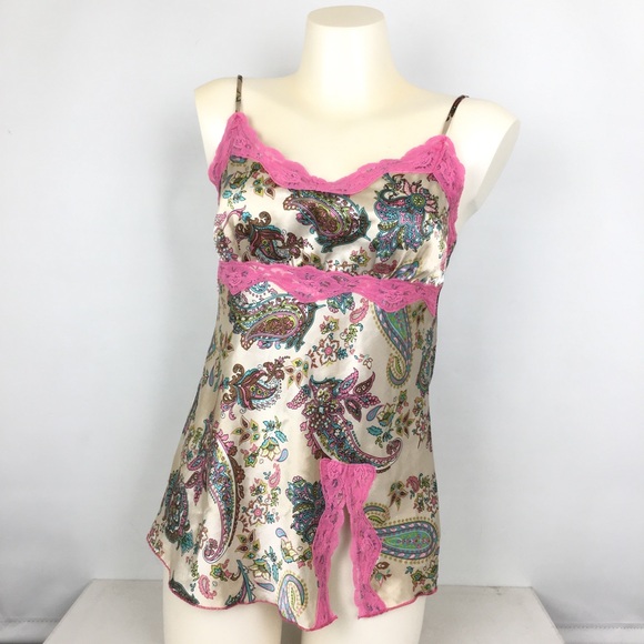 Vintage Y2K Satin Tank Top Camisoles Tan Pink Lace Trim Empire Waist Babydoll - Picture 1 of 11